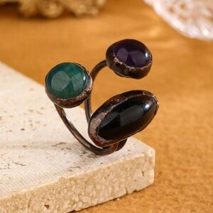 Vintage Exaggerated Natural Stone Rough Adjustable Triple Stone Ring